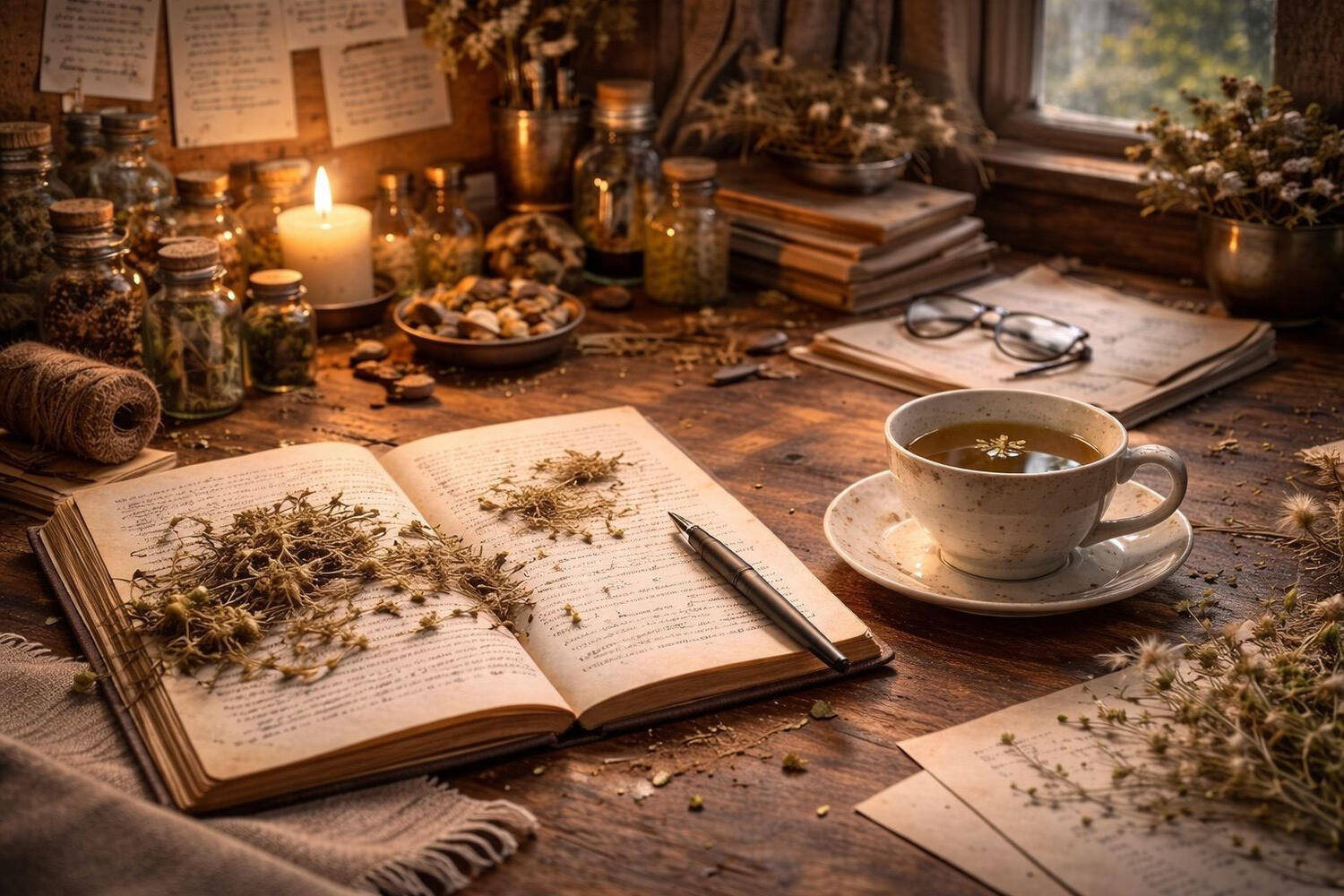 A warmly lit wooden writing desk with an open journal, scattered dried herbs, glass jars, a teacup, and handwritten notes, suggesting an active, well-loved creative workspace in daylight.