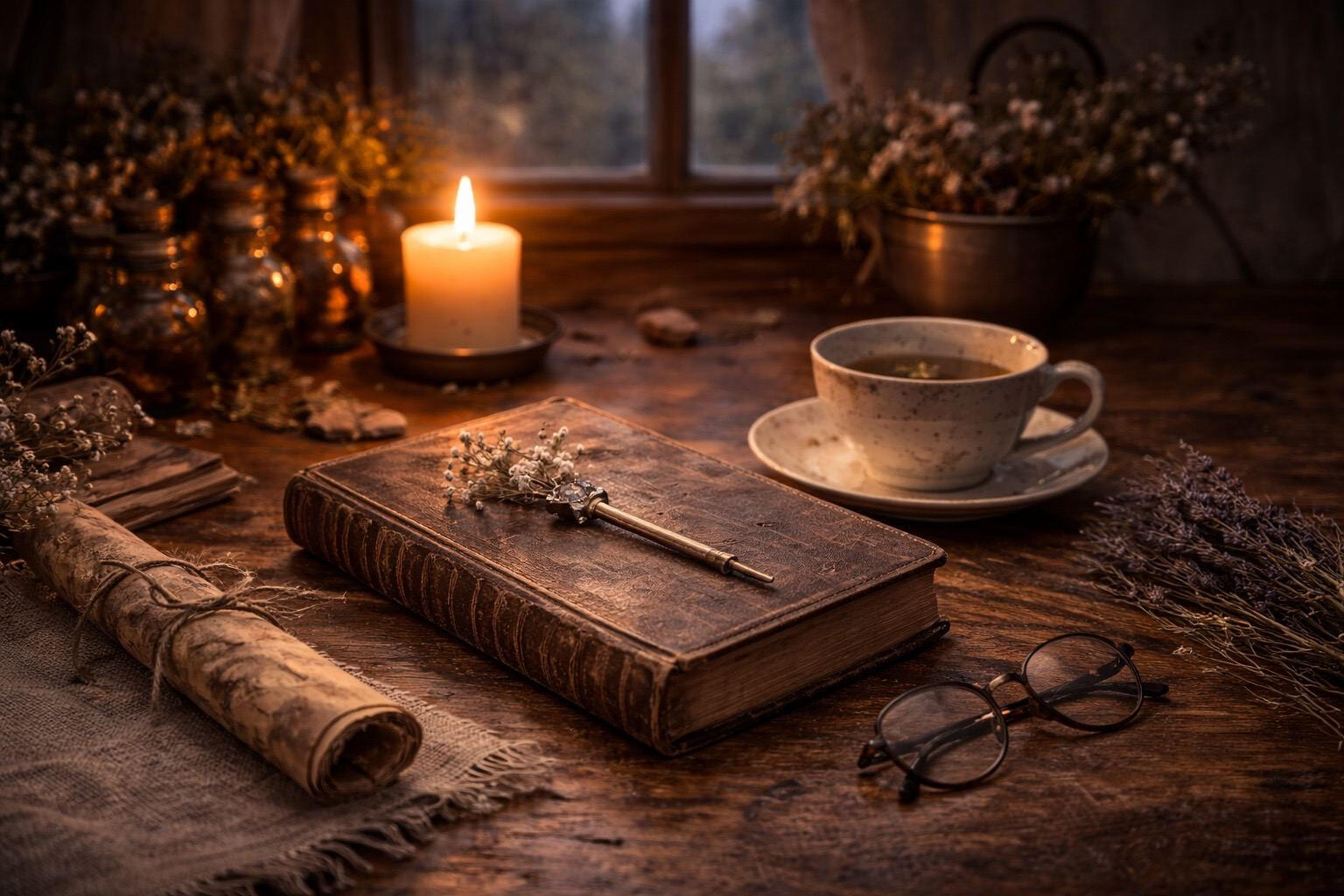A rustic desk at dusk with a closed leather-bound book, an empty teacup, soft candlelight, and simple botanical elements, conveying a calm sense of completion and rest.