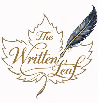 The Written Leaf logo, gold script lettering over a leaf outline with a blue quill, on a clean white background.