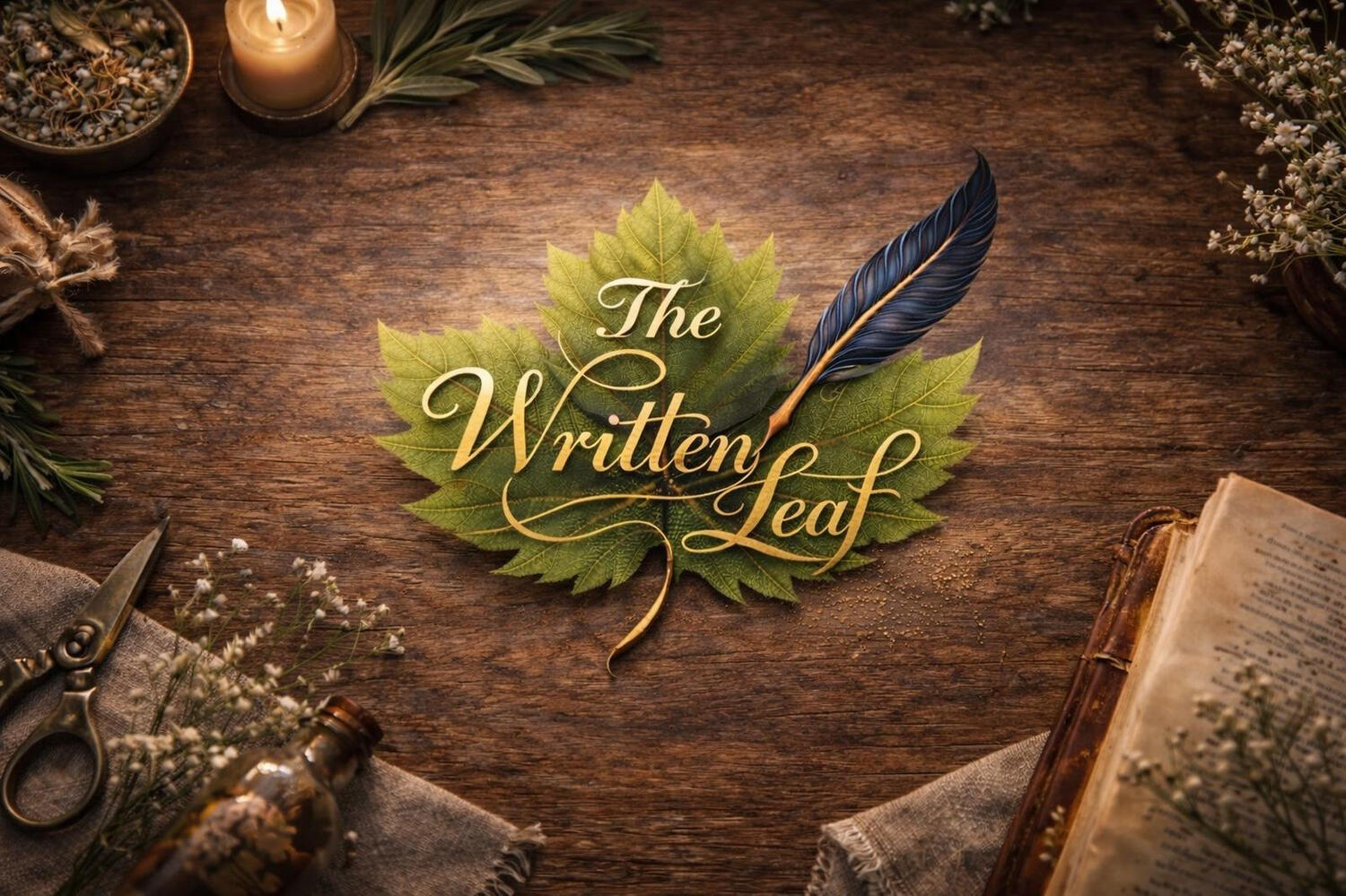 A warm, rustic flat-lay featuring The Written Leaf logo, a green leaf with gold lettering and a quill, resting on a wooden surface surrounded by candles, dried herbs, and an open book.